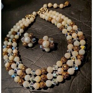 3 Strand Choker Set Popcorn Bead, Aurora Borealis (AB) Crystal Clip-On Earrings.